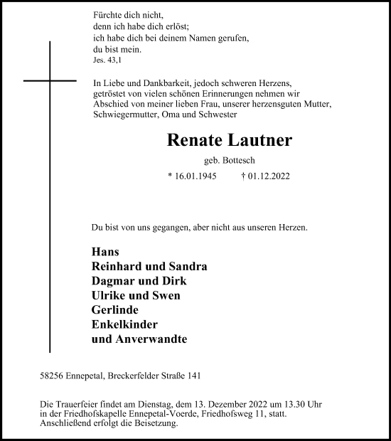 Traueranzeige von Renate Lautner von Tageszeitung