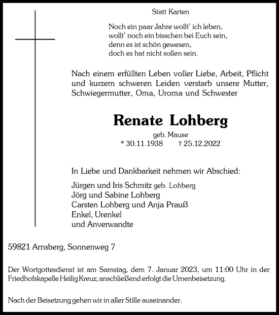 Traueranzeige von Renate Lohberg von Tageszeitung