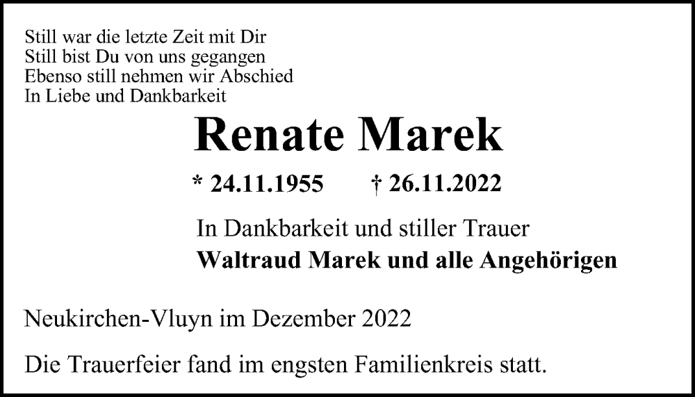  Traueranzeige für Renate Marek vom 10.12.2022 aus WVW Anzeigenblätter