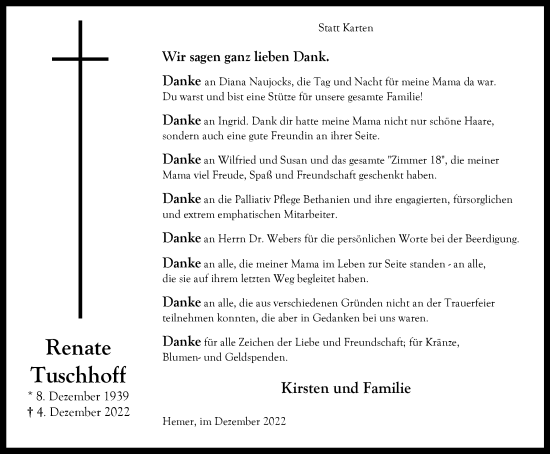 Traueranzeige von Renate Tuschhoff von Tageszeitung