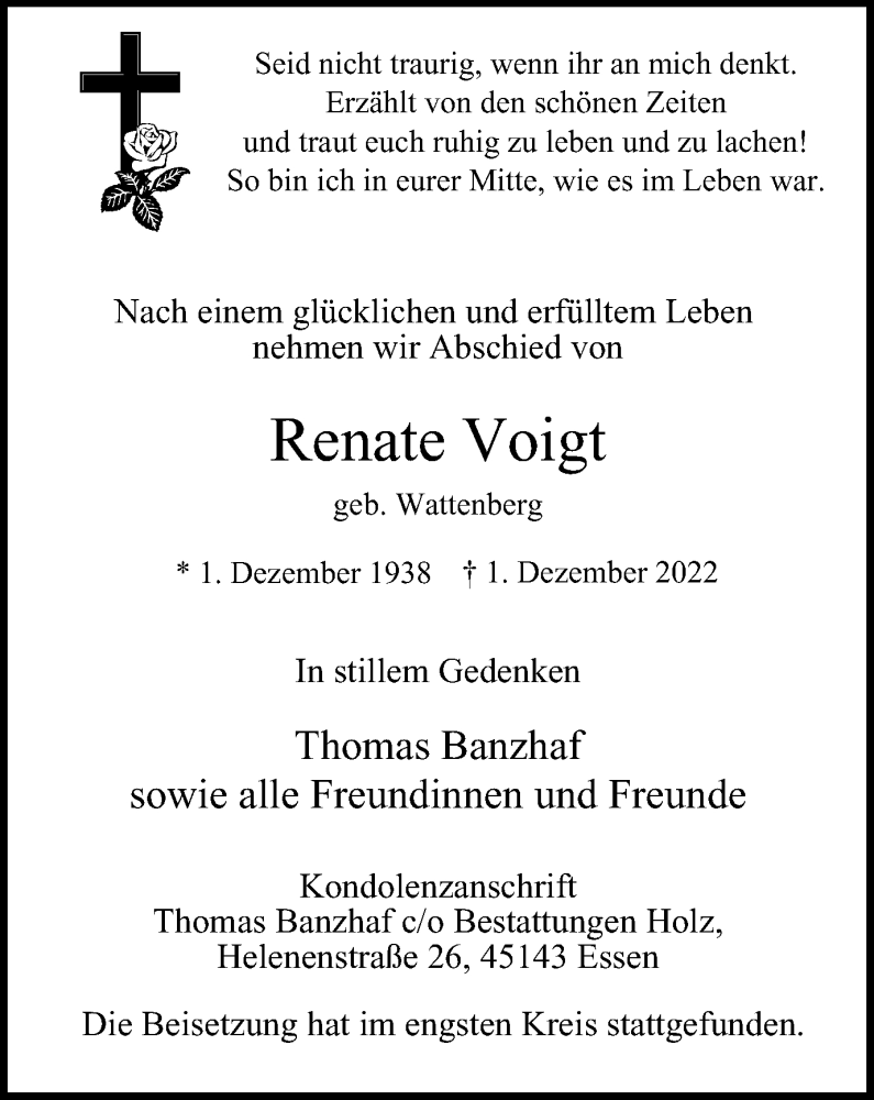  Traueranzeige für Renate Voigt vom 09.12.2022 aus Tageszeitung