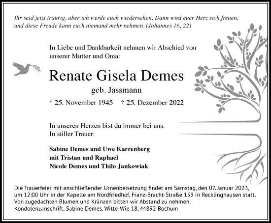 Traueranzeige von Renate Gisela Demes von Tageszeitung