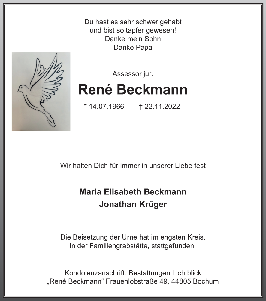  Traueranzeige für René Beckmann vom 03.12.2022 aus Tageszeitung