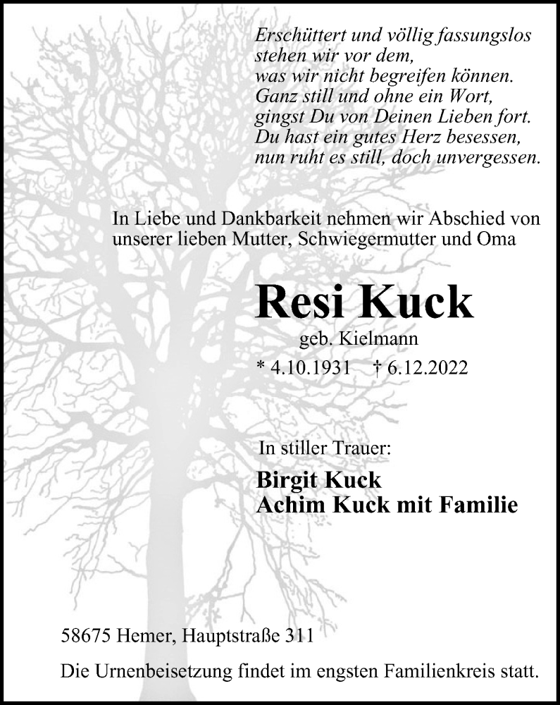  Traueranzeige für Resi Kuck vom 17.12.2022 aus Tageszeitung