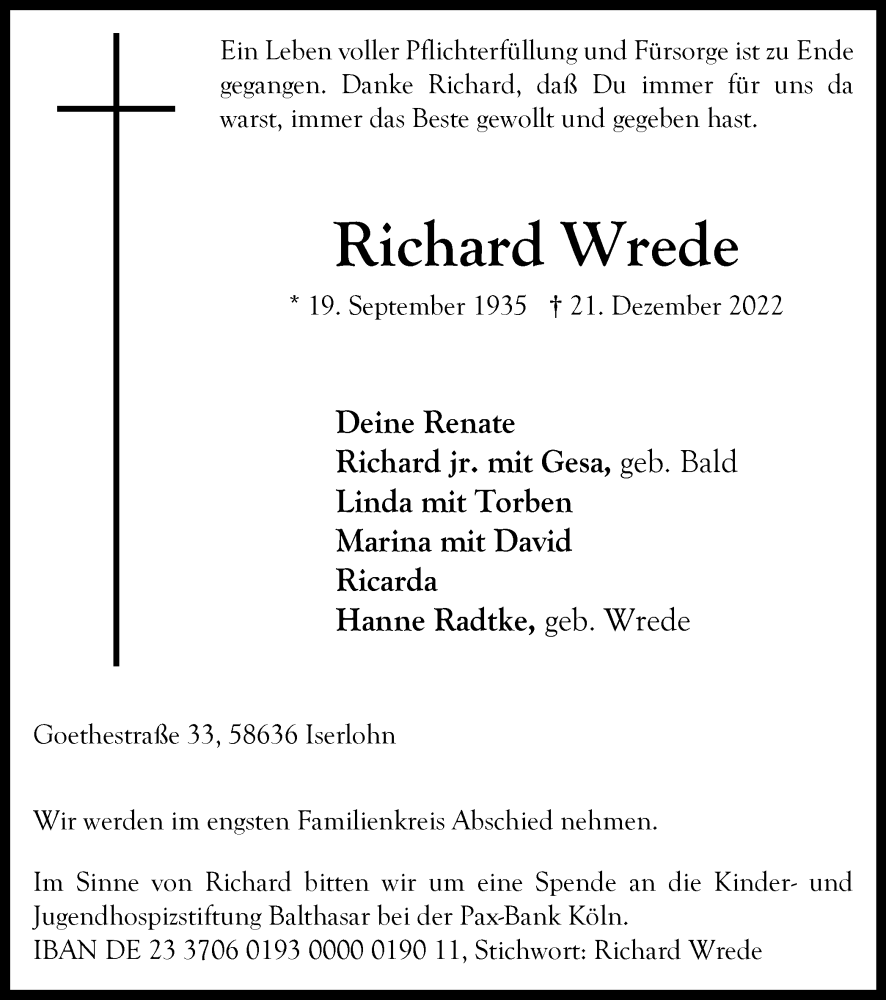  Traueranzeige für Richard Wrede vom 24.12.2022 aus Tageszeitung