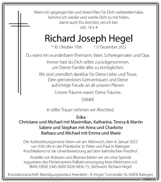 Traueranzeige von Richard Joseph Hegel von WVW Anzeigenblätter