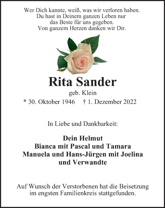 Traueranzeige von Rita Sander von Tageszeitung