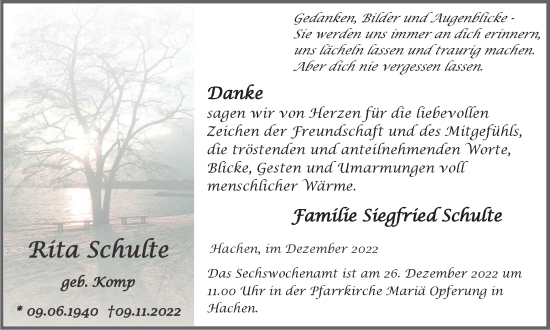 Traueranzeige von Rita Schulte von Tageszeitung