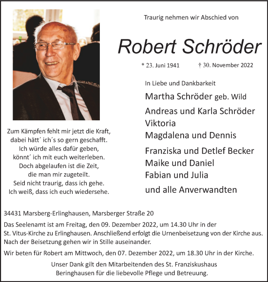 Traueranzeige von Robert Schröder von Tageszeitung