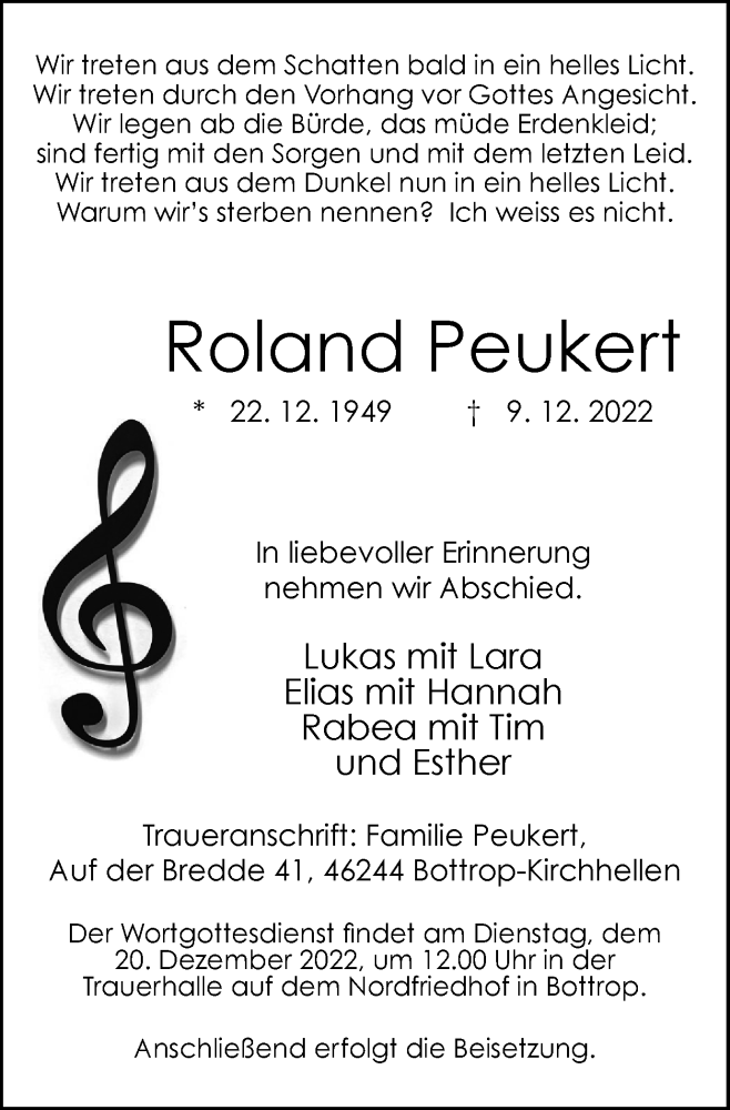  Traueranzeige für Roland Peukert vom 17.12.2022 aus WVW Anzeigenblätter