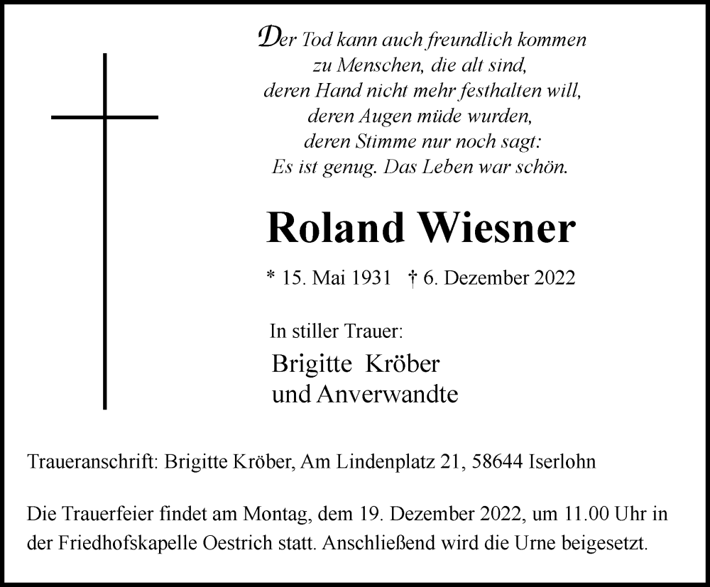  Traueranzeige für Roland Wiesner vom 10.12.2022 aus Tageszeitung