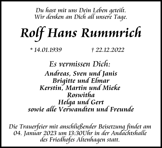 Traueranzeige von Rolf Hans Rummrich von Tageszeitung