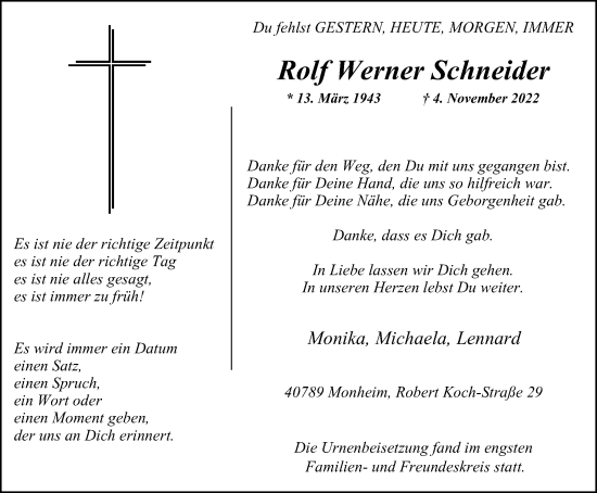 Traueranzeige von Rolf Werner Schneider von WVW Anzeigenblätter