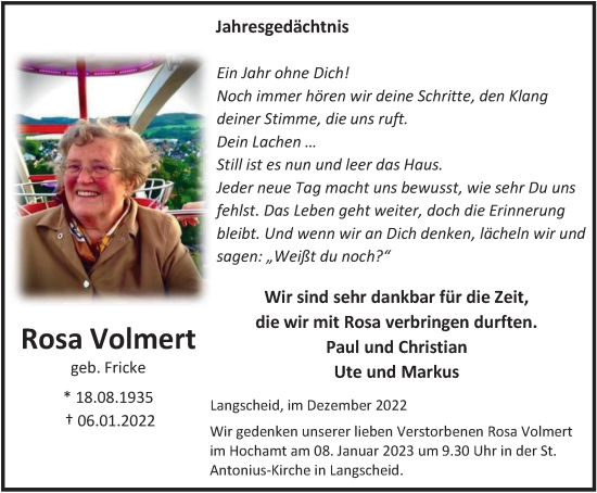 Traueranzeige von Rosa Volmert von Tageszeitung
