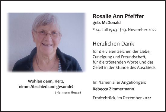 Traueranzeige von Rosalie Ann Pfeiffer von Tageszeitung