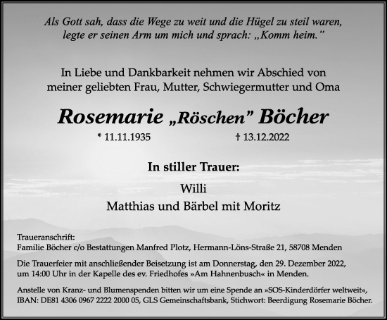 Traueranzeige von Rosemarie Böcher von WVW Anzeigenblätter