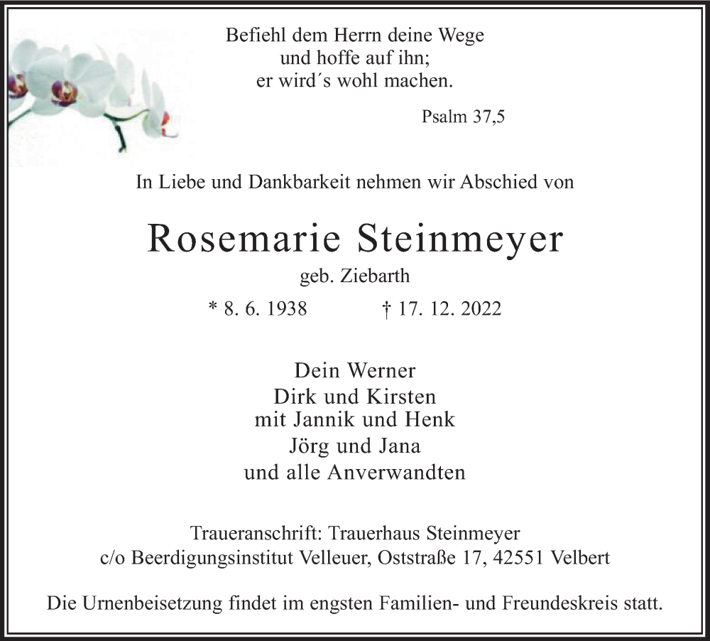  Traueranzeige für Rosemarie Steinmeyer vom 23.12.2022 aus WVW Anzeigenblätter