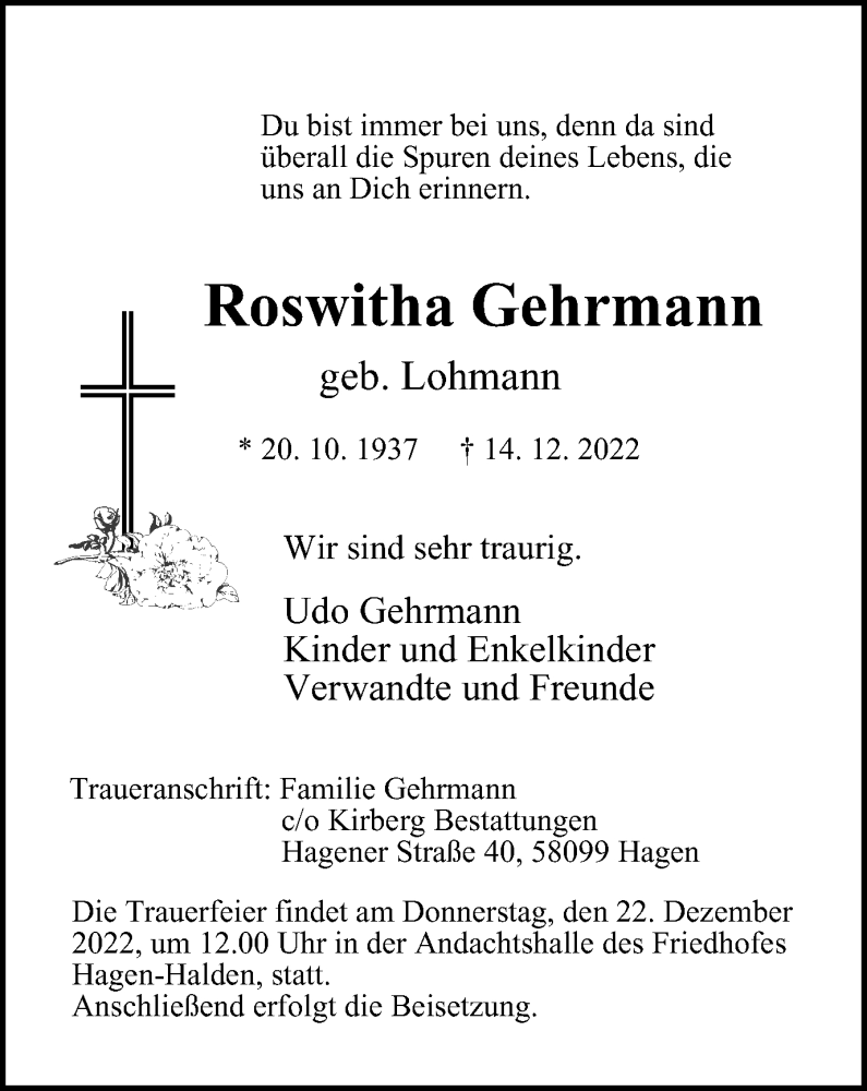  Traueranzeige für Roswitha Gehrmann vom 17.12.2022 aus Tageszeitung