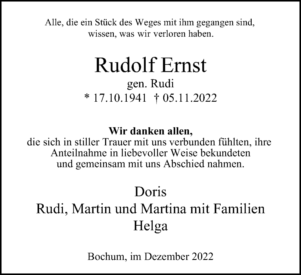  Traueranzeige für Rudolf Ernst vom 10.12.2022 aus Tageszeitung