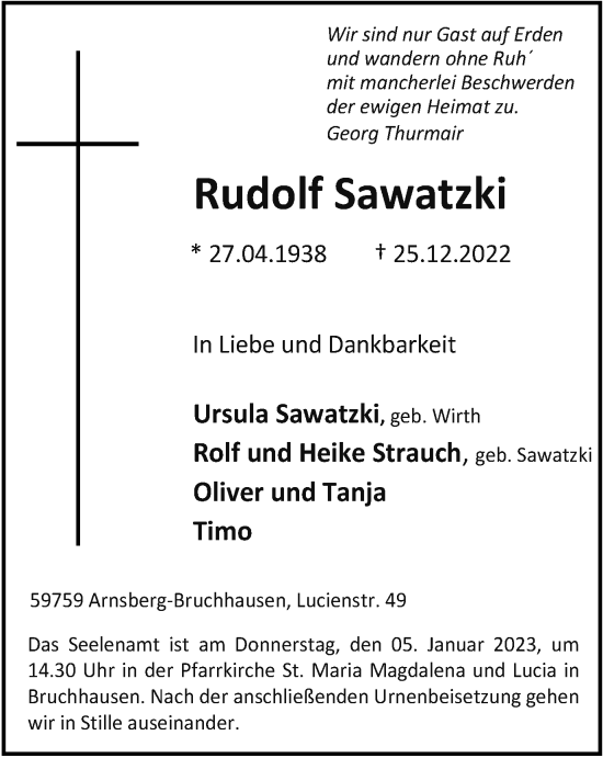 Traueranzeige von Rudolf Sawatzki von Tageszeitung