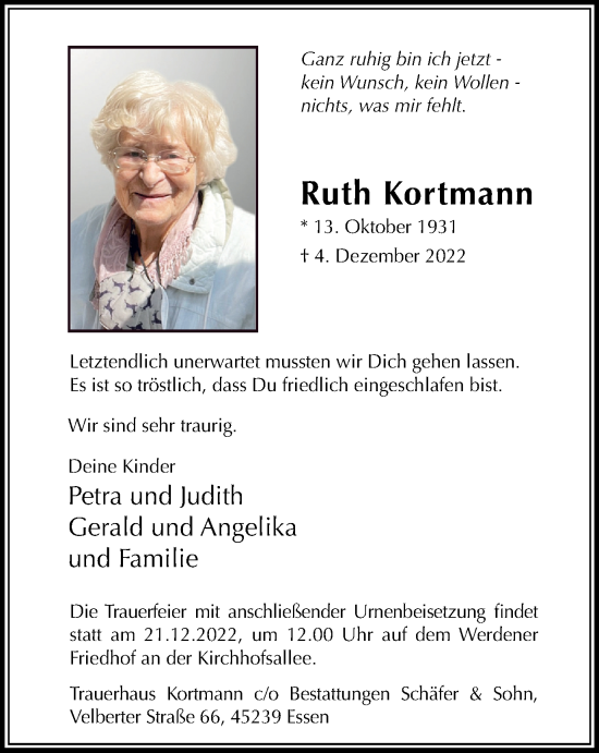 Traueranzeige von Ruth Kortmann von Tageszeitung