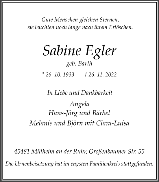 Traueranzeige von Sabine Egler von WVW Anzeigenblätter