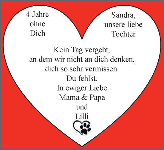 Traueranzeige von Sandra  von Tageszeitung