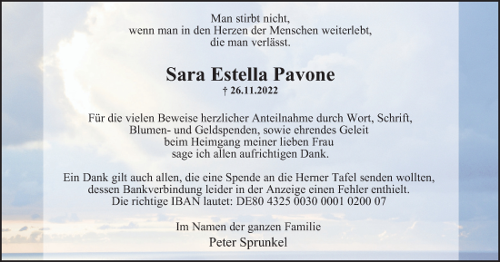 Traueranzeige von Sara Estella Pavone von Tageszeitung