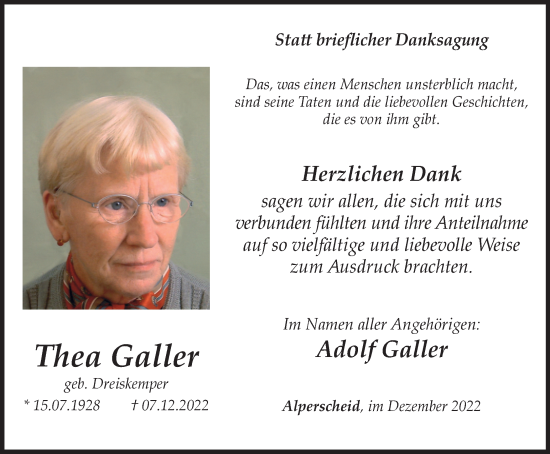 Traueranzeige von Thea Galler von Tageszeitung