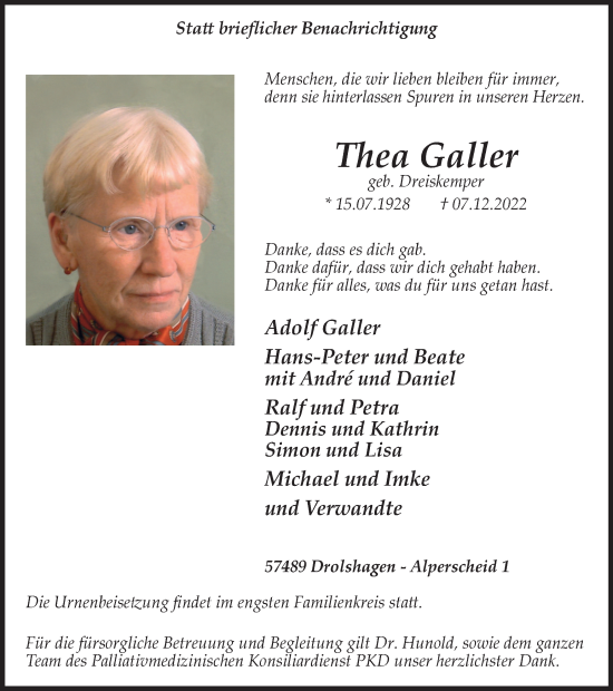 Traueranzeige von Thea Galler von Tageszeitung