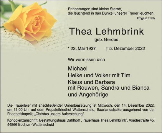 Traueranzeige von Thea Lehmbrink von WVW Anzeigenblätter