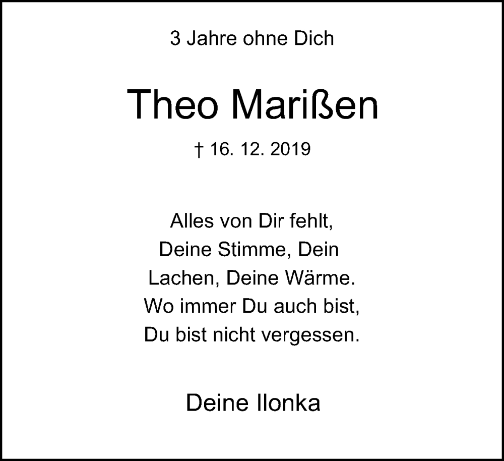  Traueranzeige für Theo Marißen vom 16.12.2022 aus Tageszeitung