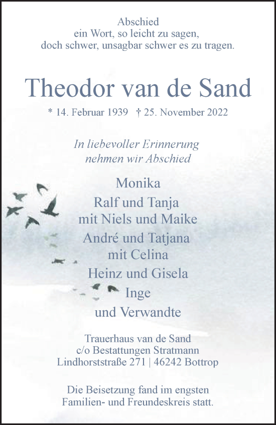 Traueranzeige von Theodor van de Sand von WVW Anzeigenblätter