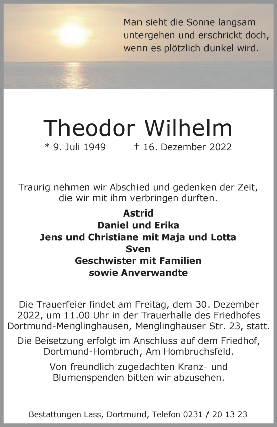 Traueranzeige von Theodor Wilhelm von Tageszeitung
