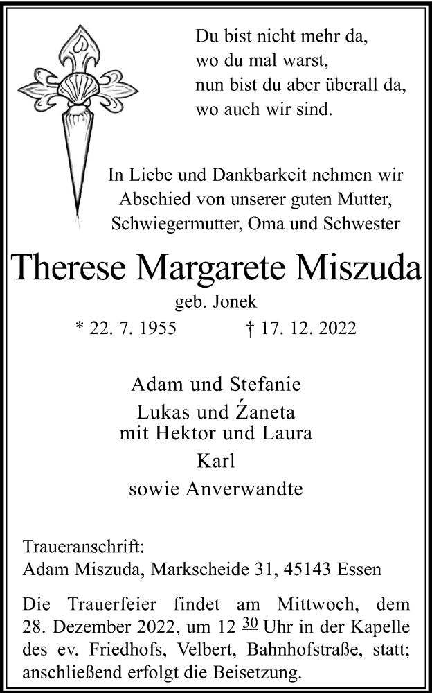  Traueranzeige für Therese Margarete Miszuda vom 23.12.2022 aus WVW Anzeigenblätter
