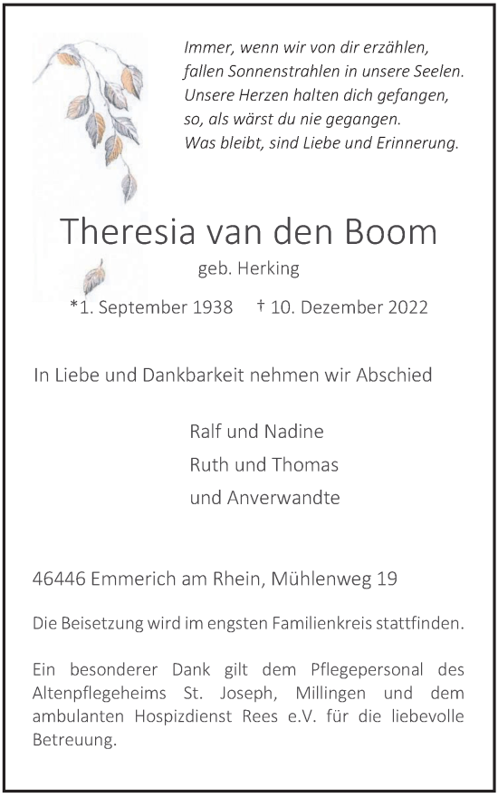 Traueranzeige von Theresia van den Boom von WVW Anzeigenblätter