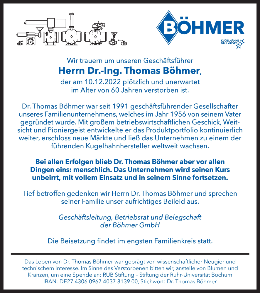  Traueranzeige für Thomas Böhmer vom 17.12.2022 aus Tageszeitung