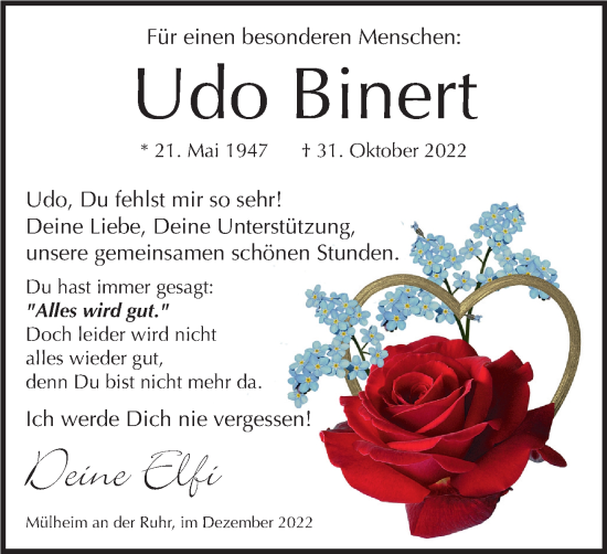 Traueranzeige von Udo Binert von WVW Anzeigenblätter