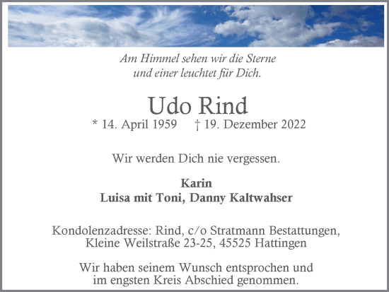 Traueranzeige von Udo Rind von WVW Anzeigenblätter
