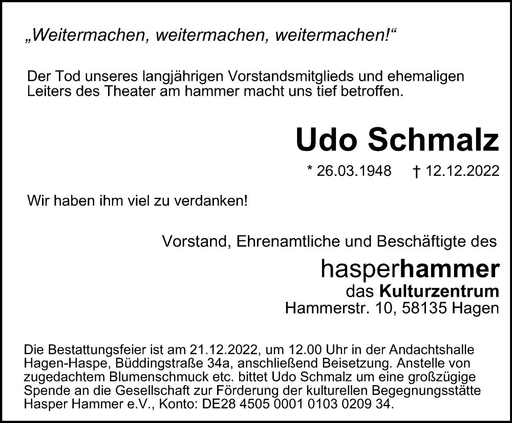  Traueranzeige für Udo Schmalz vom 17.12.2022 aus Tageszeitung