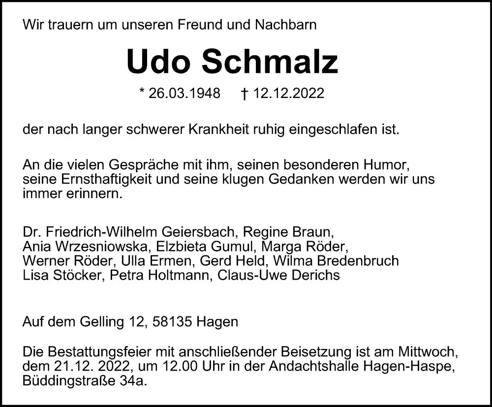  Traueranzeige für Udo Schmalz vom 17.12.2022 aus Tageszeitung