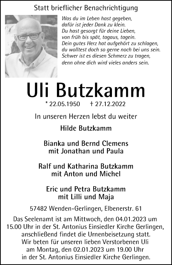 Traueranzeige von Uli Butzkamm von Tageszeitung