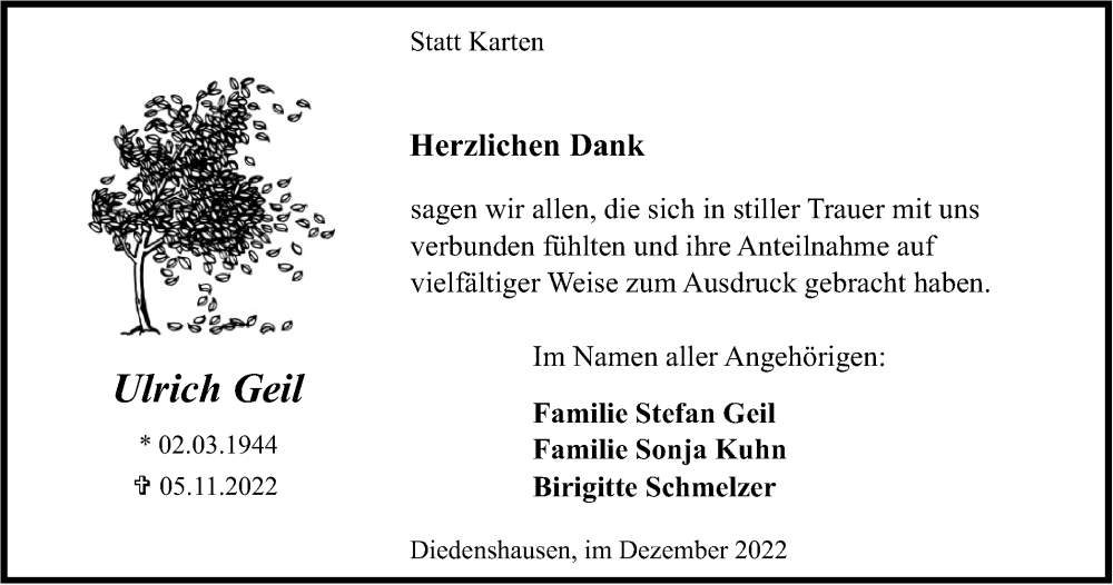  Traueranzeige für Ulrich Geil vom 23.12.2022 aus Tageszeitung