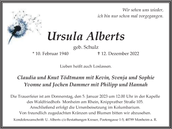Traueranzeige von Ursula Alberts von WVW Anzeigenblätter