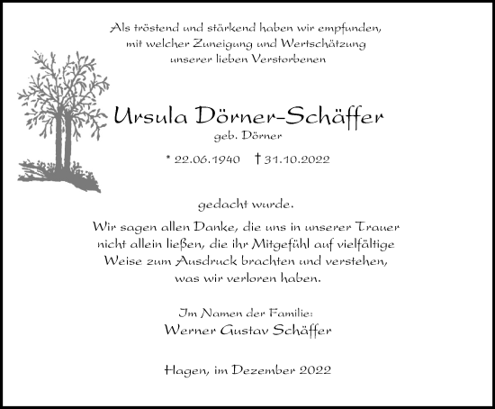 Traueranzeige von Ursula Dörner-Schäffer von Tageszeitung