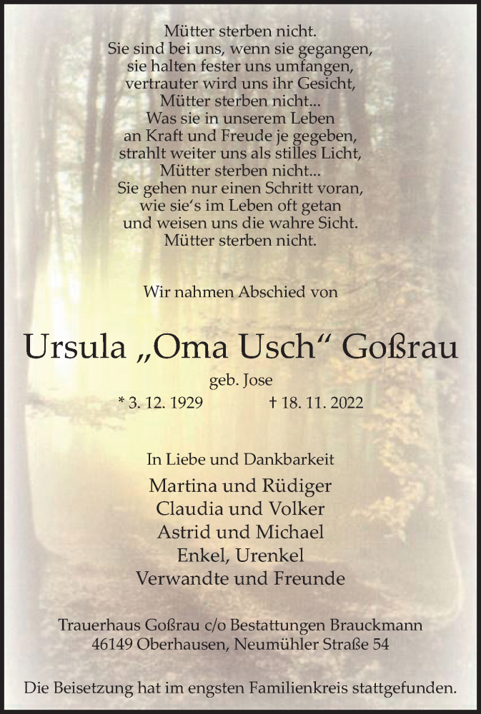  Traueranzeige für Ursula Goßrau vom 10.12.2022 aus WVW Anzeigenblätter