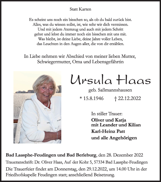 Traueranzeige von Ursula Haas von Tageszeitung