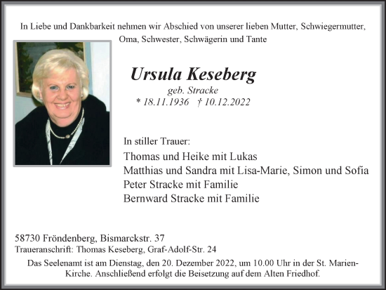 Traueranzeige von Ursula Keseberg von WVW Anzeigenblätter