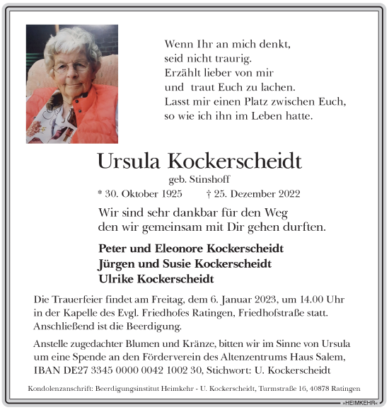 Traueranzeige von Ursula Kockerscheidt von WVW Anzeigenblätter