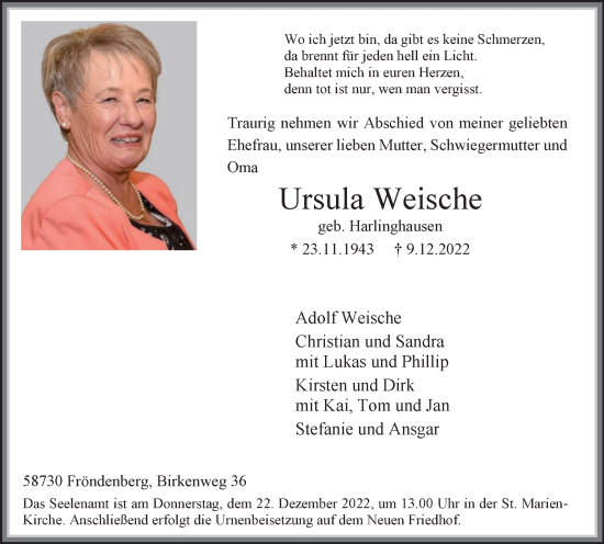 Traueranzeige von Ursula Weische von WVW Anzeigenblätter